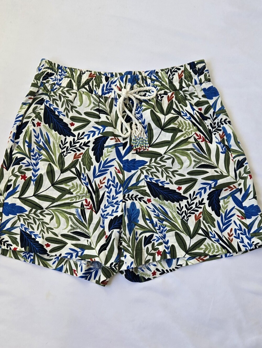 Joie Women’s Size 6 Linen Blend Shorts Beaded Tassel Drawstring Tropical Vaca